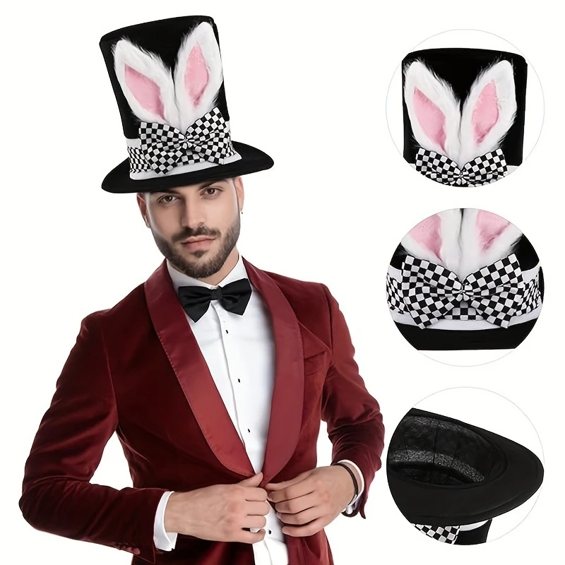 Easter Bunny Party Decoration Magic Hat Stage Performance  Rabbit Ears Adult Cosplay Costume Plush Black Carnival Velvet Cap view 5