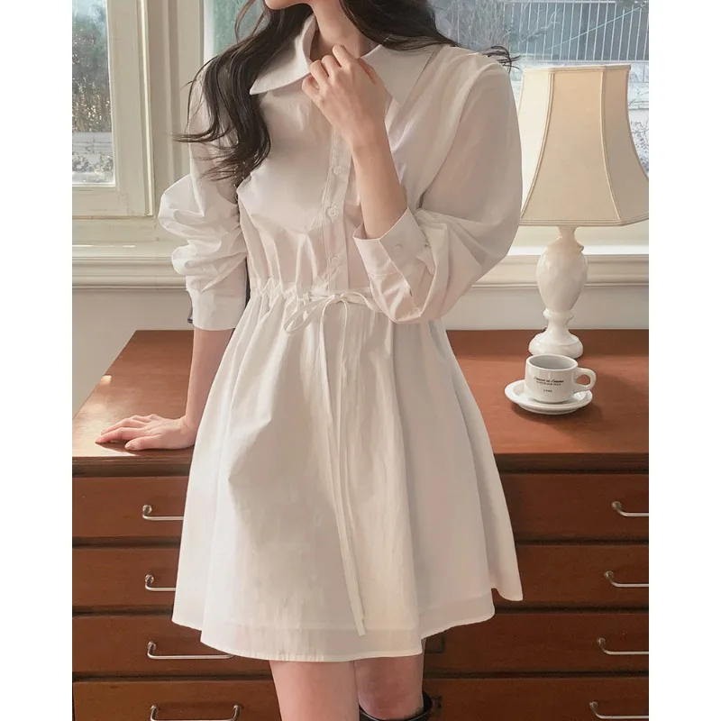 Slimming Effect Commute Drawstring Waist Dress Shirt Dress High Waist A-Line Skirt Long Sleeve Polyester Fiber Ladies Casual