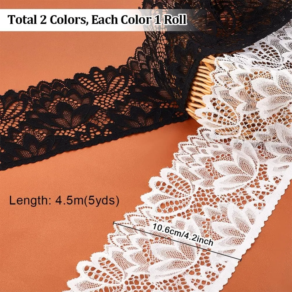 10Yards 2 Colors Stretch Nylon Flower Embroidery Lace Ribbon Lace Trim Clothes Accessories Mixed Color 4-1/8 inch(106mm)