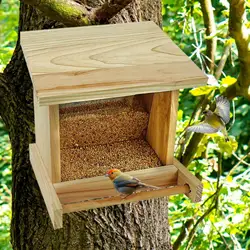 Wood Bird House Feeder, Transparent Window with Opening Roof for Small Bird Macaws