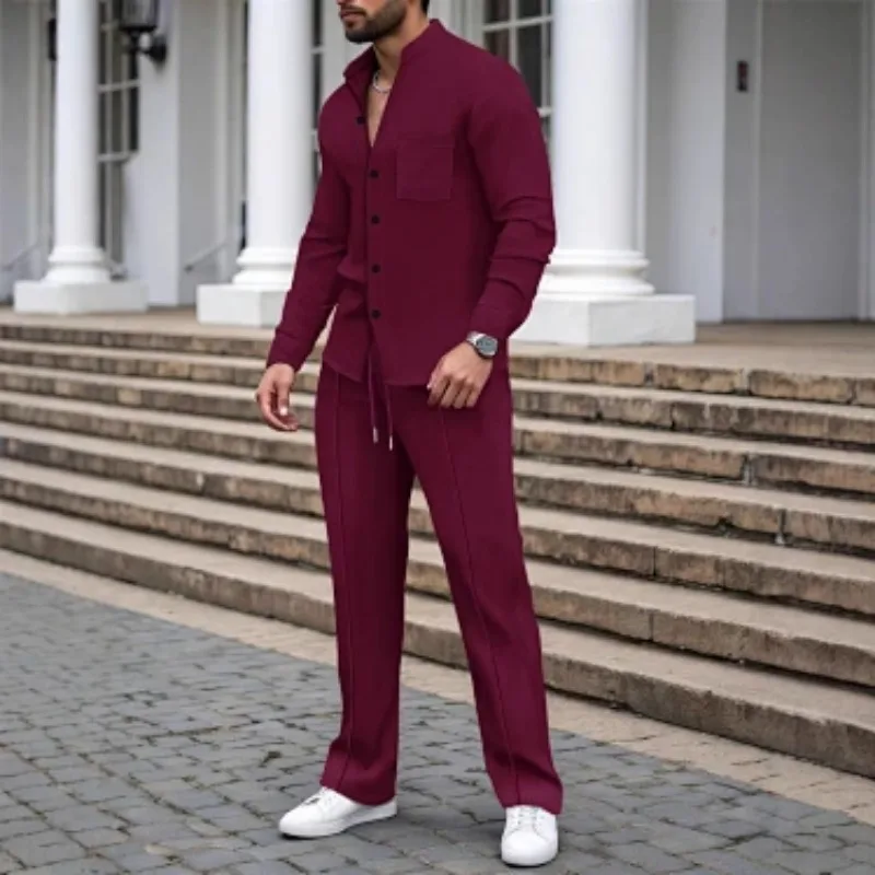 Men's Waffle Stand Collar Two Piece Set Wrinkle Resistant Loose Plus Size Spring Autumn Casual Outfit