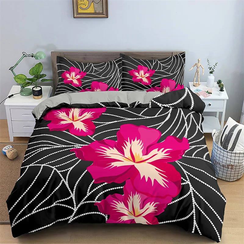 Tropical Flower Hibiscus Duvet Cover Full for Boy Girl Botanical Floral Bedding Set Rustic Romantic Boho Flowers Comforter Cover
