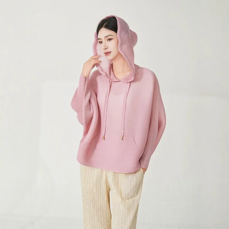 

Miyake Pleated Hooded Sweatshirt Plisse Women 2026 New Loose Slim Fold Jacket Casual Versatile Drawstring Pocket Pullover Top