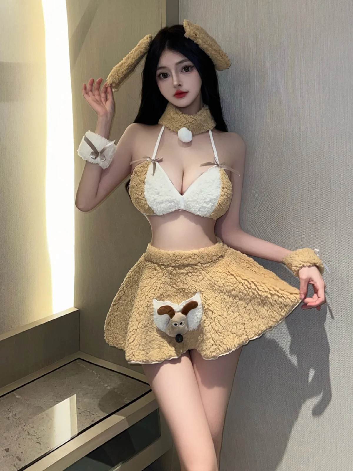 Cute Plush Bear Uniform Set Nightclub Bar Strap Bra Short Skirt Trendy Women's Fashion Set round Neck Four Piece Suitable for...