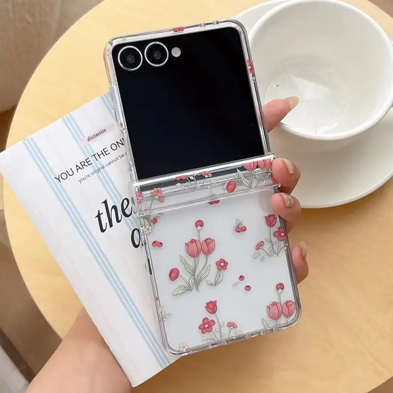 Cottagecore Sweet Red Tulip Floral Phone Case for Samsung Galaxy Z Flip 8-3 Cute Pink Crystal Flower Bead Strap Protective Cover