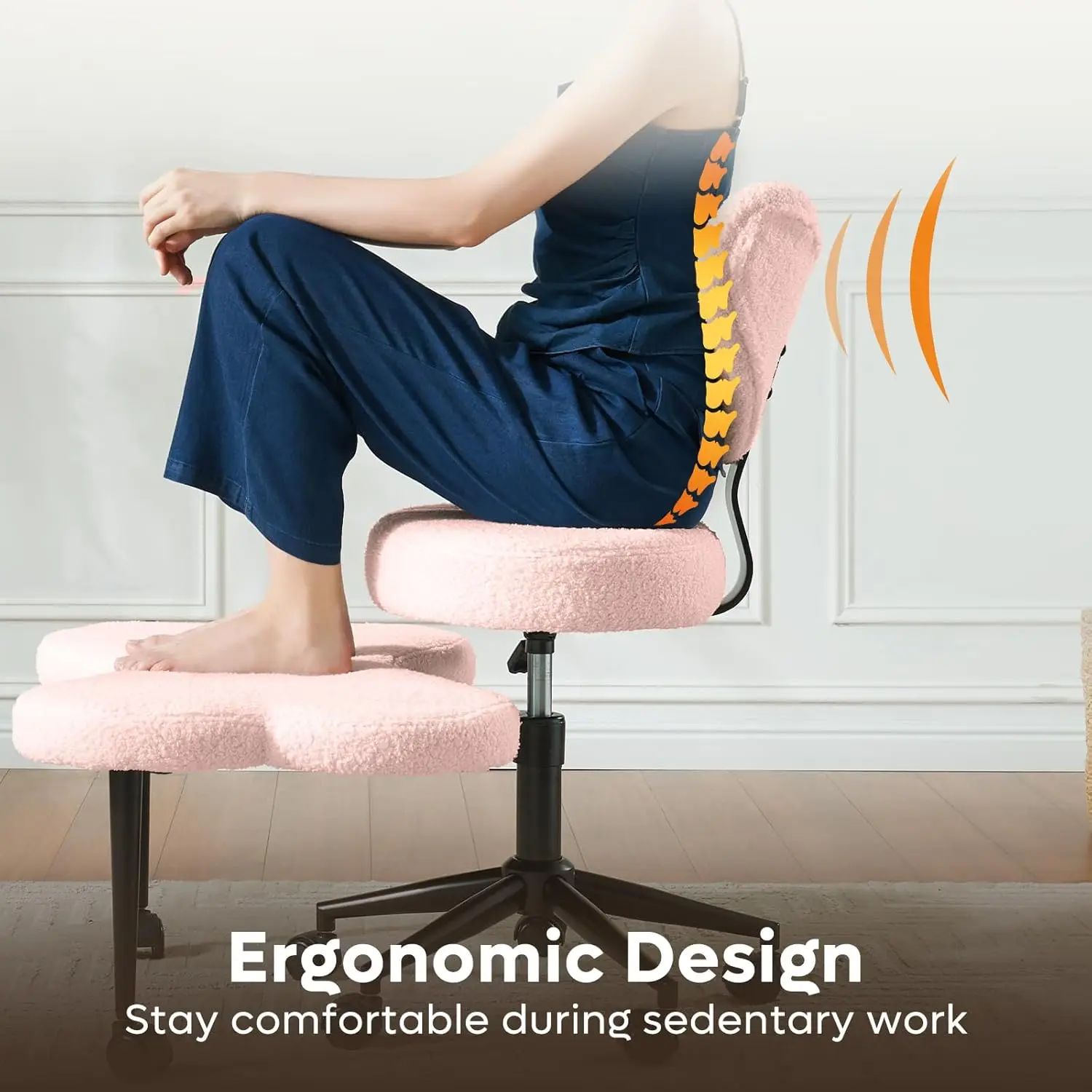 Ergonomic Swivel Meditation Chair, Height-Adjustable, 360° Rotating, Pink Teddy Fabric, for ADHD & Home Office