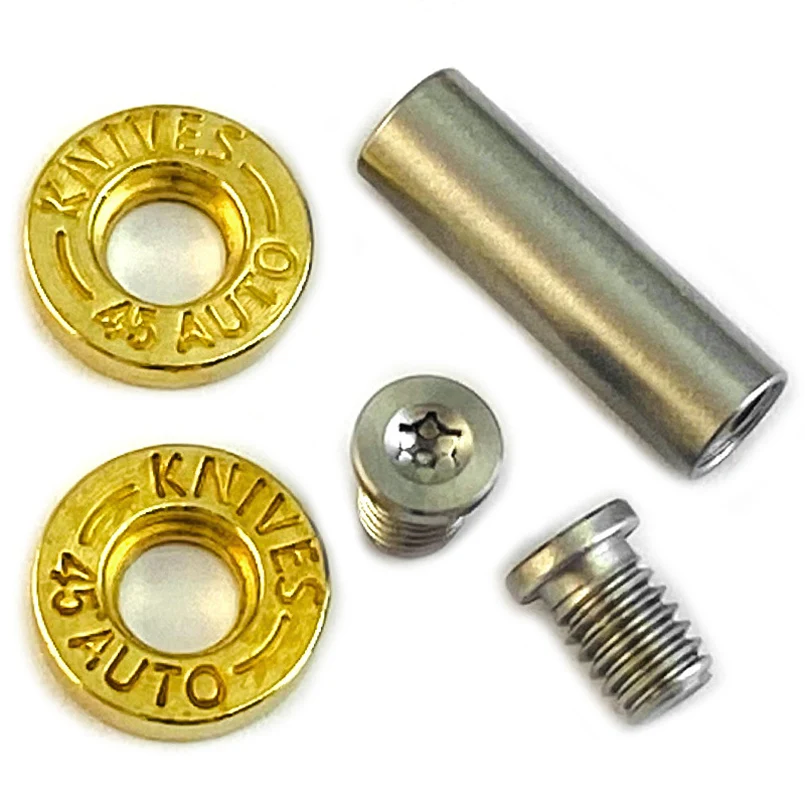 12 Sets/lot Brass Bottom Fire Style Knife M4 Pair Lock Screws T8 Torx Head Fastener Bolt '45 AUTO Knives' Letters Steel Stamped