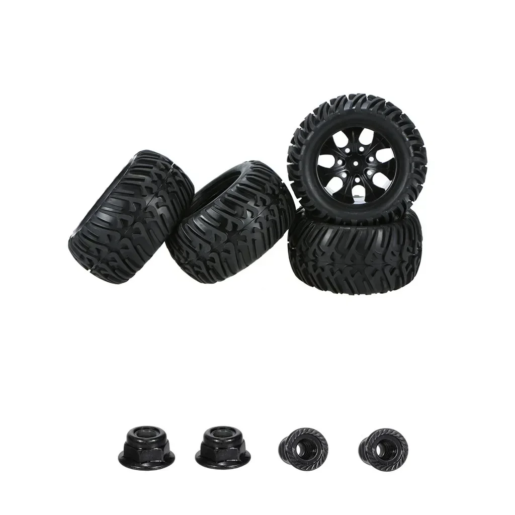 4 peças 125mm borracha 1/10 rc monster truck pneus e jantes 12mm hex com nylon 4mm porcas de bloqueio para trxs himoto hsp hpi redcat