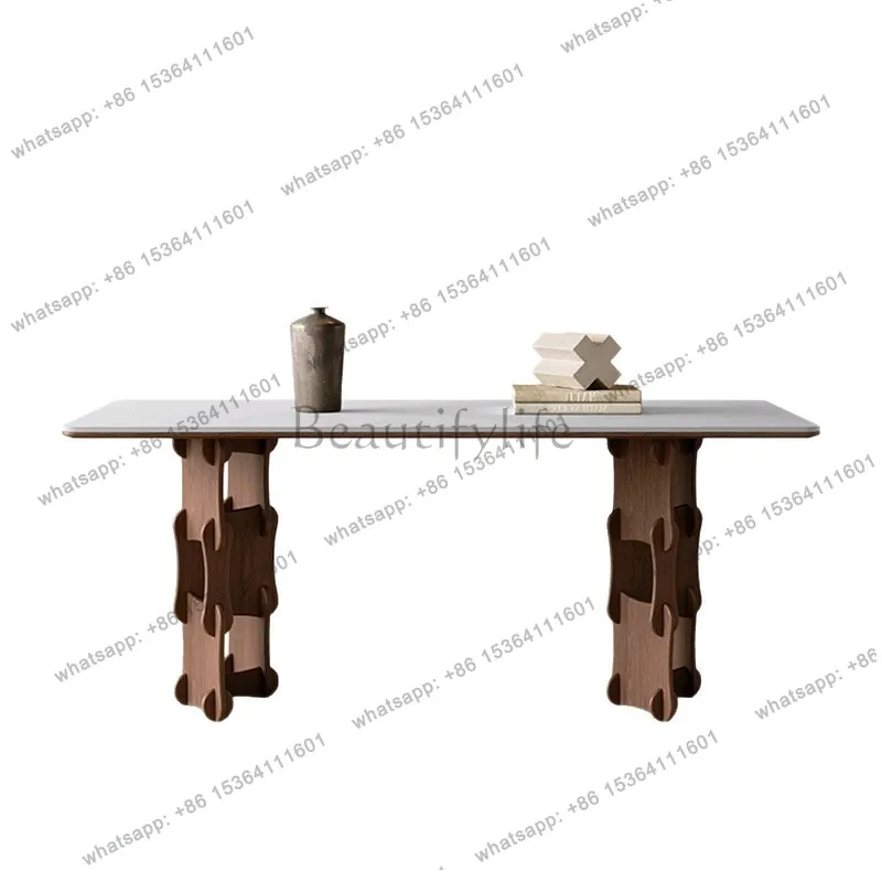 Mid-Century Solid Wood Dining Table Rectangular High-end Small Household Nordic White Slate Dining Table and Chairs