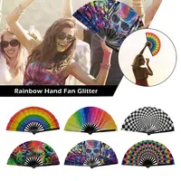23cmClassic Folding Fan Print Black Bamboo Bone Fan Hand Fans Rainbow Cooling Handheld Fan Festival Performance Dance Fans Gifts