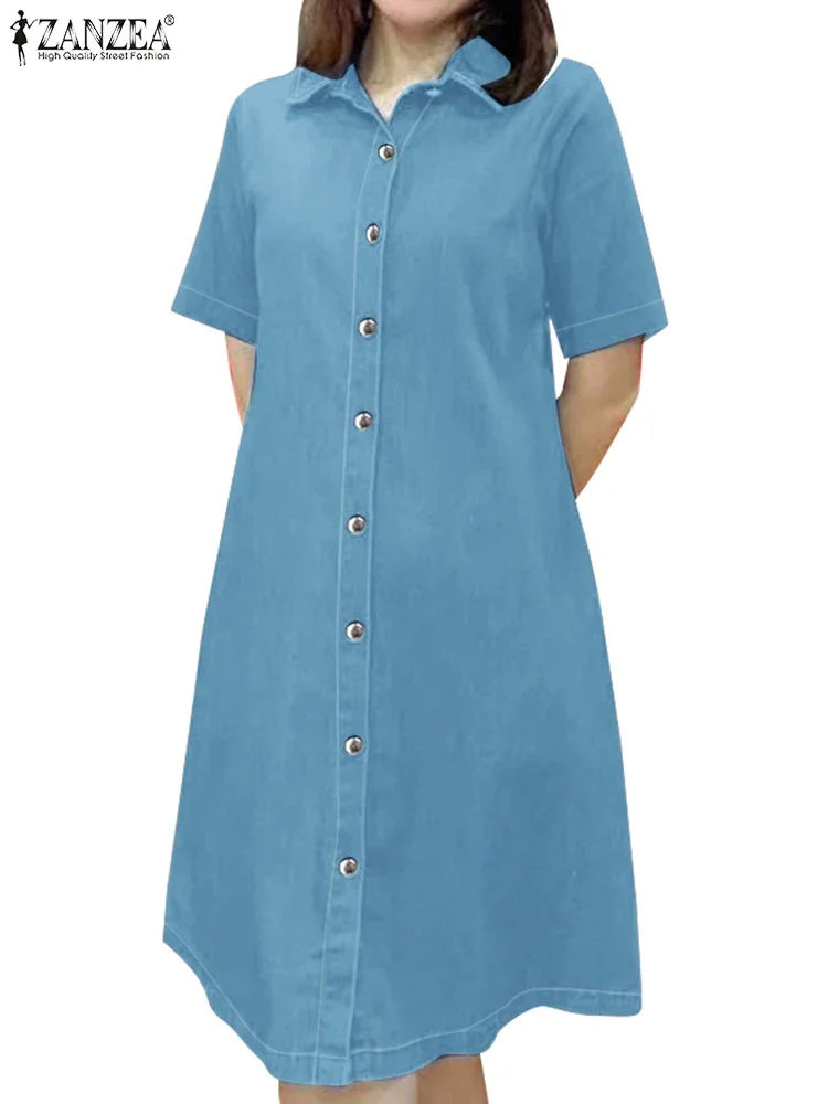 Mode robe d'été Denim bleu robe d'été ZANZEA femmes Vintage revers cou à manches courtes travail robes décontracté solide boutons robes