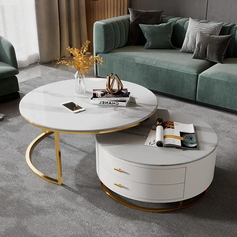 Modern Luxury Coffee Tables Round Marble Effect Nordic Drawer Side Table Legs Metal Storage Kaffee Tische Living Room Furniture