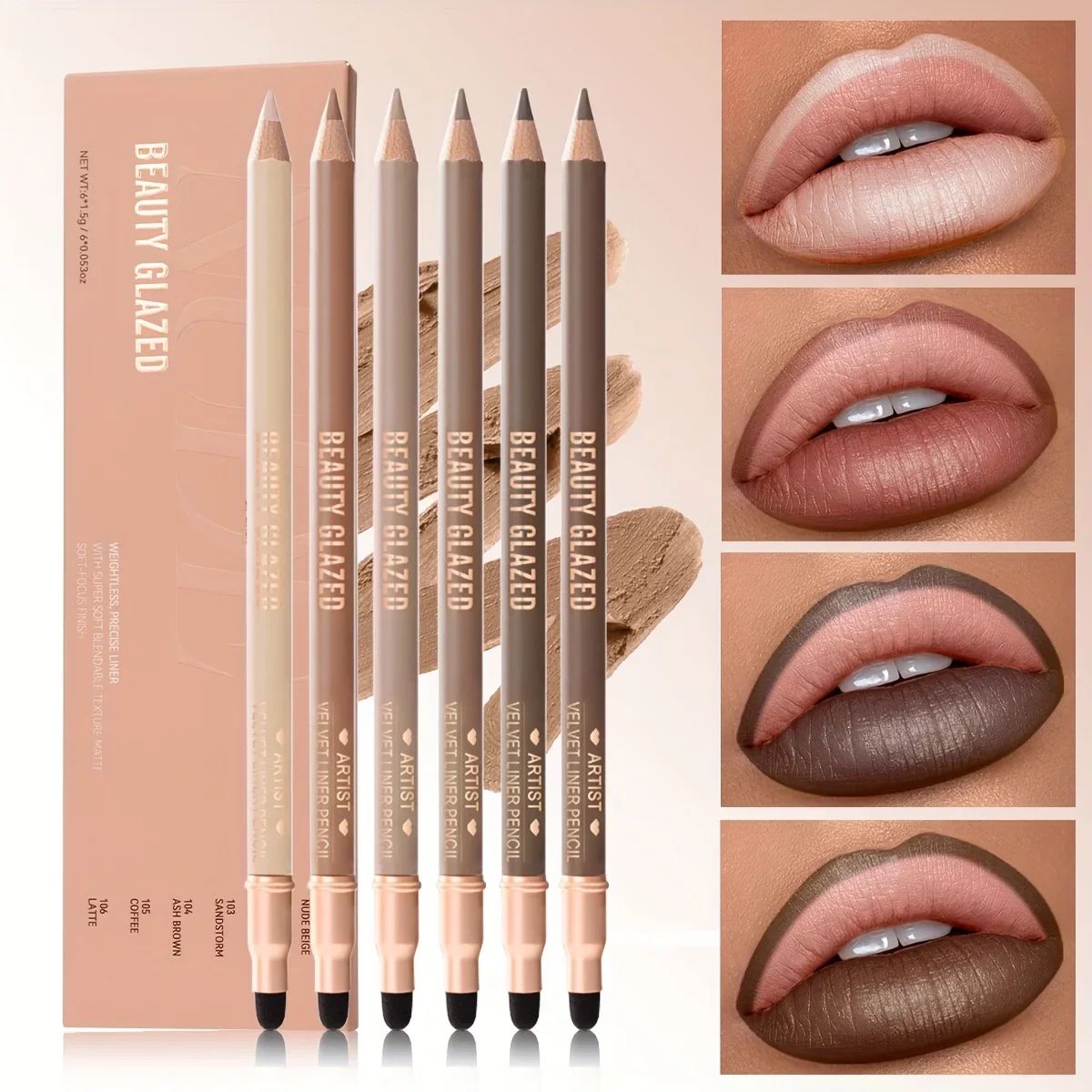 ビューティー グレーズド 6本入り マットヌードスポンジリップライナーセット 長持ちするシルキーな防水テクスチャー 多機能メイクアップペン