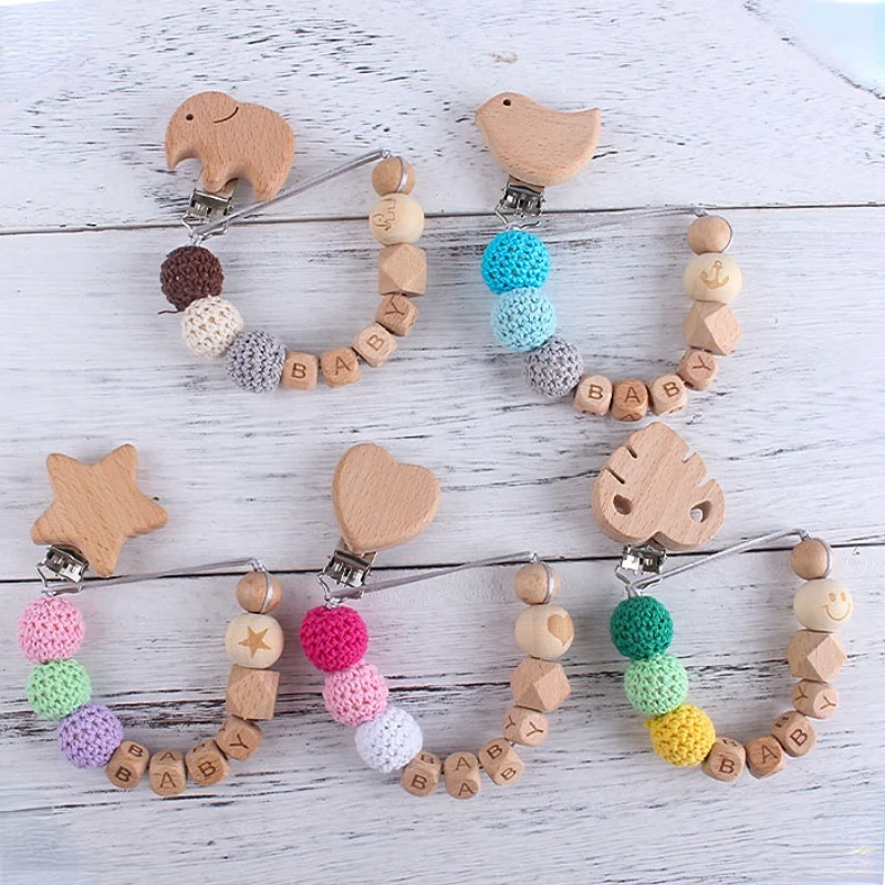 Gepersonaliseerde Naam Baby Fopspeen Clips Star Bird Wood Dummy Tepels Houder Clip Ketting Tandjes Speelgoed Baby Voeding Accessoires