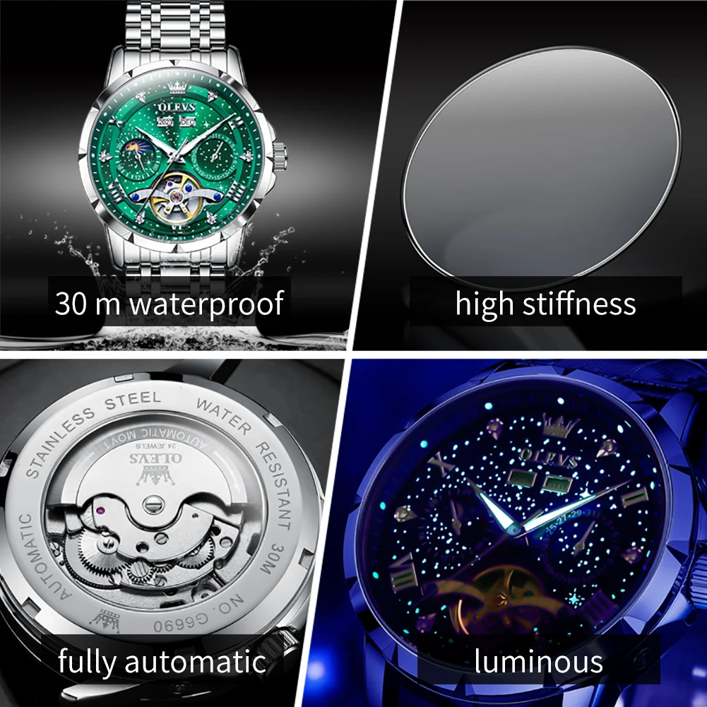 OLEVS-reloj mecánico totalmente automático para hombre, cronógrafo multifuncional, luminoso, resistente al agua, fase lunar