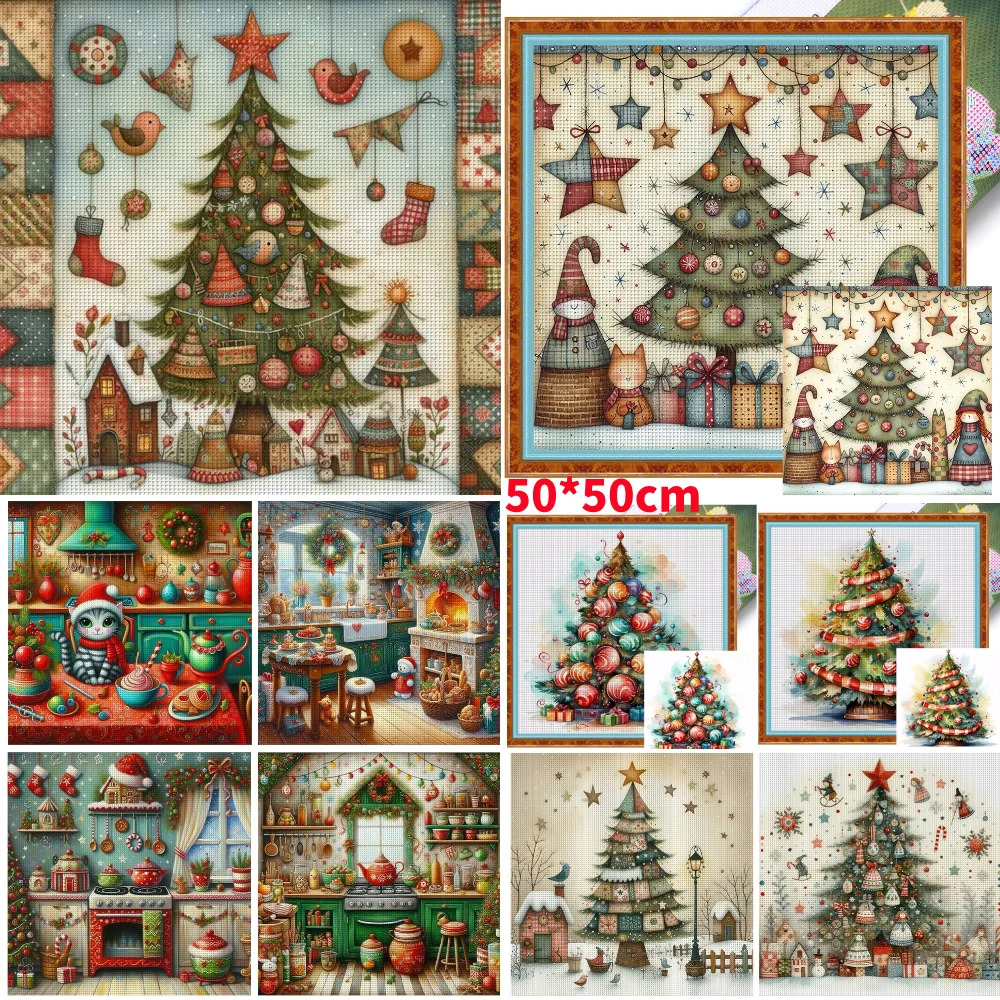 50x50cm Full Embroidery Eco-cotton Thread 11CT Printed Xmas Tree Cross Stitch Kit Arts for Home Christmas Decor Xmas Gifts