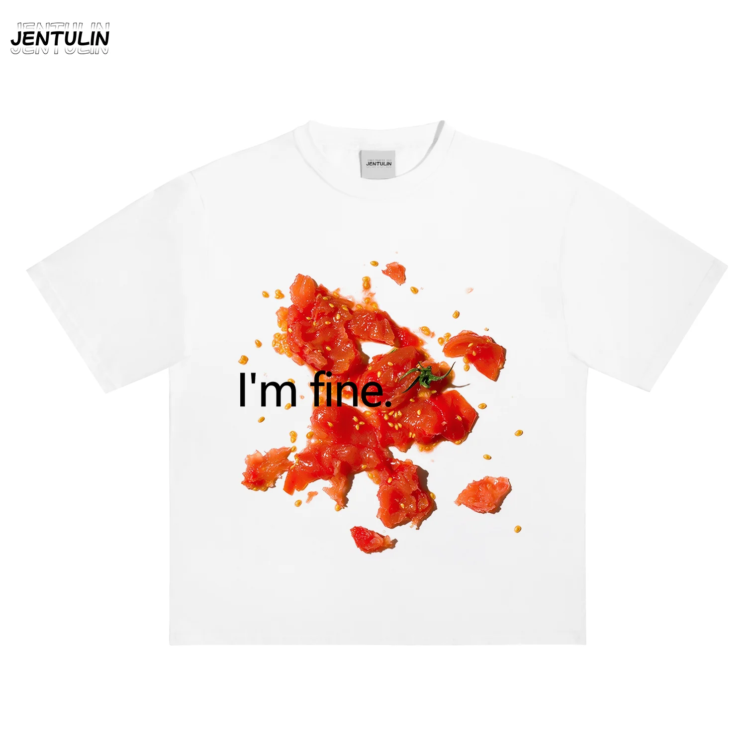 Unisex Oversized T-Shirt I'm Fine Smashed Tomato Print Short Sleeve Crew Neck White Tee Y2K Streetwear Summer Casual Tops