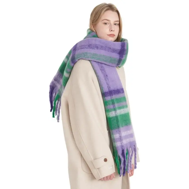 

652F Fashionable Thick Fringed Scarf Plaids Pattern Warm Winter Shawl Women