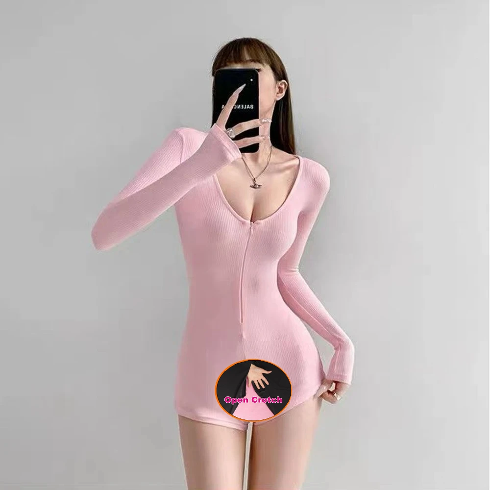 Women'open Crotch Short Jumpsuits Slim Fit Stretch One Piece Yoga Playsuits Romper Sexy Fitness Female Basic Low-cut Zipper