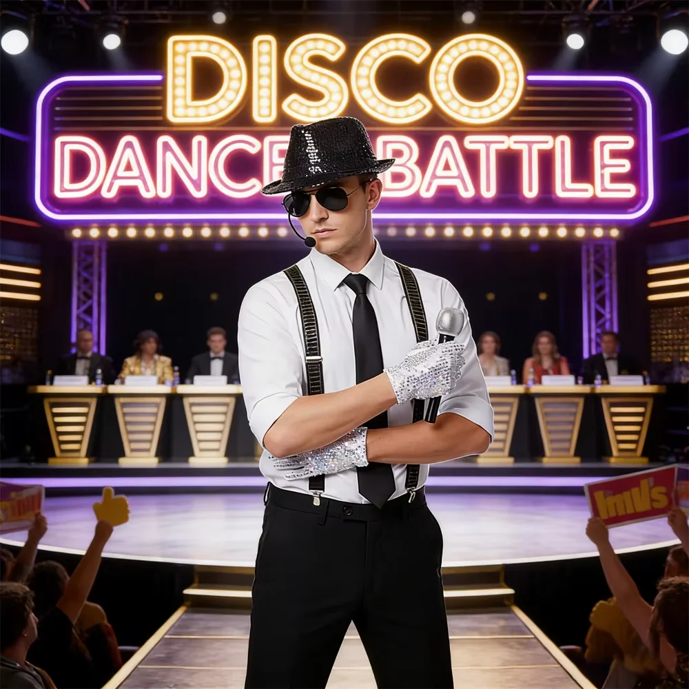 PESENAR Conjunto de fantasia retrô dos anos 90, lantejoulas, chapéu fedora, suspensórios, gravata, microfone, luvas, óculos, acessório de festa