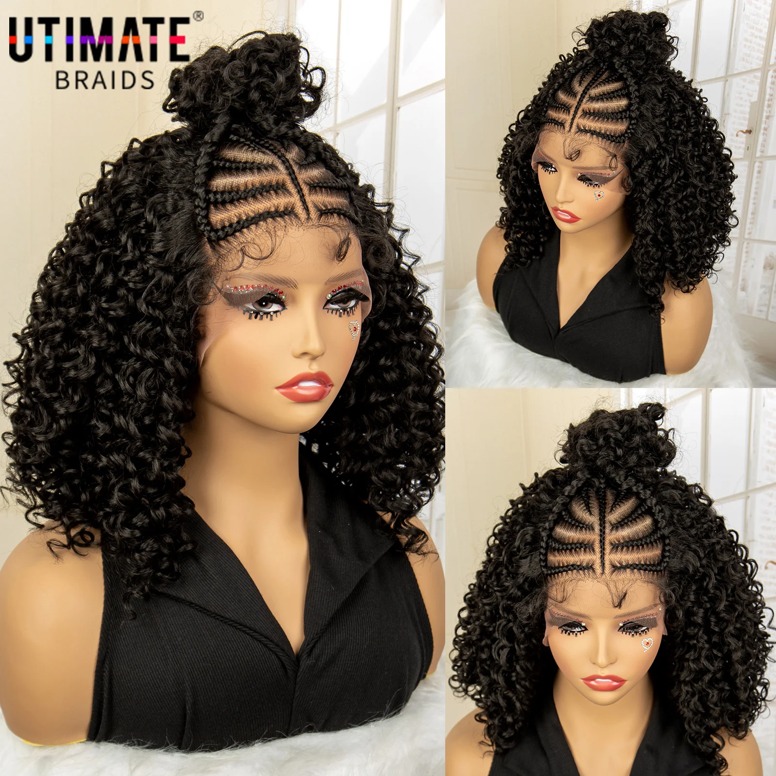 

Synthetic Kinky Curly Hair Wigs 13x4 Lace Frontal Braided Wigs Curly Bob Wigs with Buns for Afro Black Women with Baby Hair