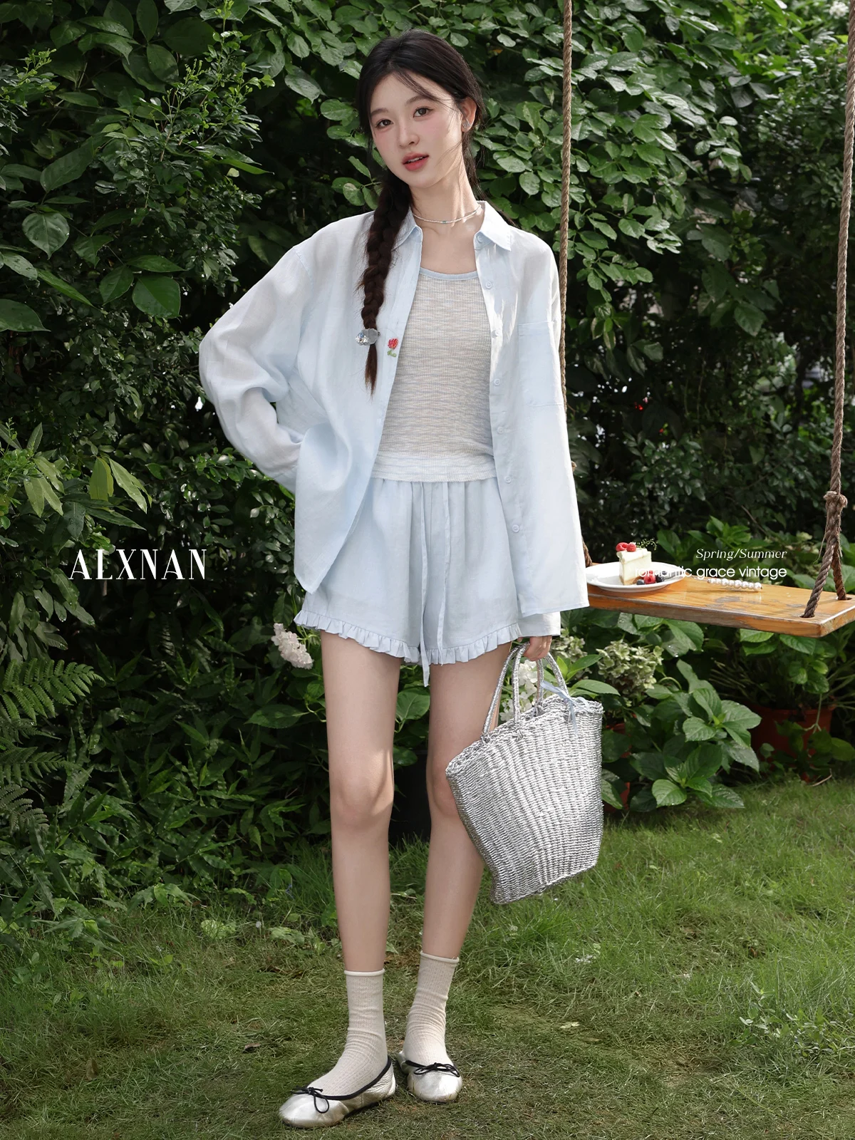 Alxnan shorts femininos azul casual perna larga baggy shorts 2025 verão cintura elástica cordão renda design calças curtas l56568dk