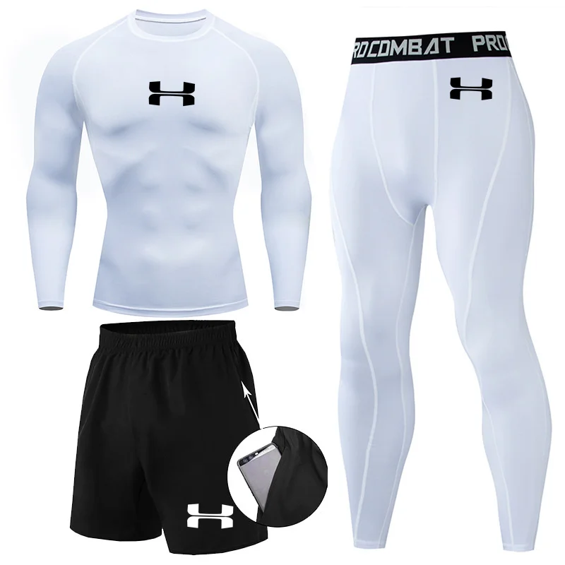 N-Print Rashguard Men Sportswear Compression Suits Quick Dry Gym Fitness Running Tracksuits Men T Shirts+Shorts 3 Pieces Sets