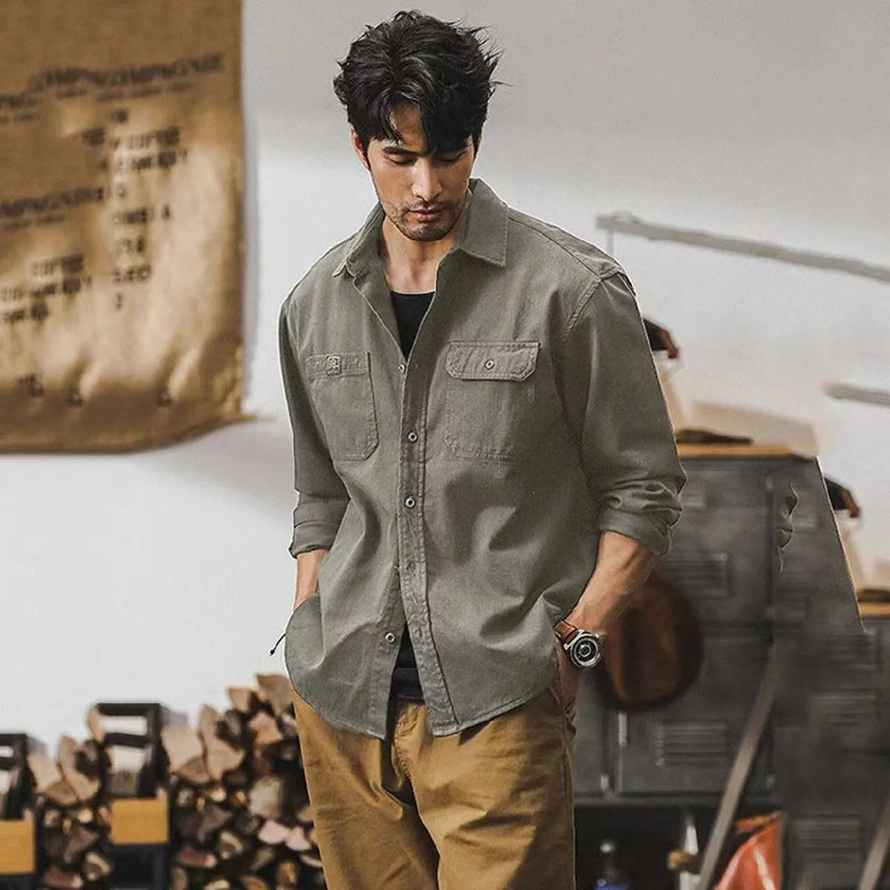 

American Sle Vintage Workwear irt Jaet Men's Spring Autumn Loose Casual Long Sve irt Youth ular Loose Fit Coat