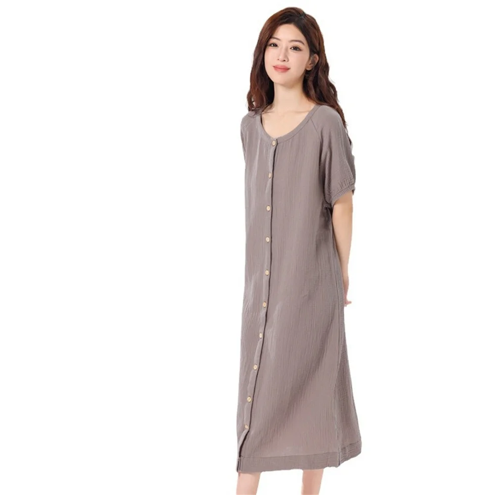 

Spring Women Short Sleeve Nightdress Thin Cotton Crepe Cardigan Nightgown Simple O-neck Loose Homewear Long Sleepwear Nightwear