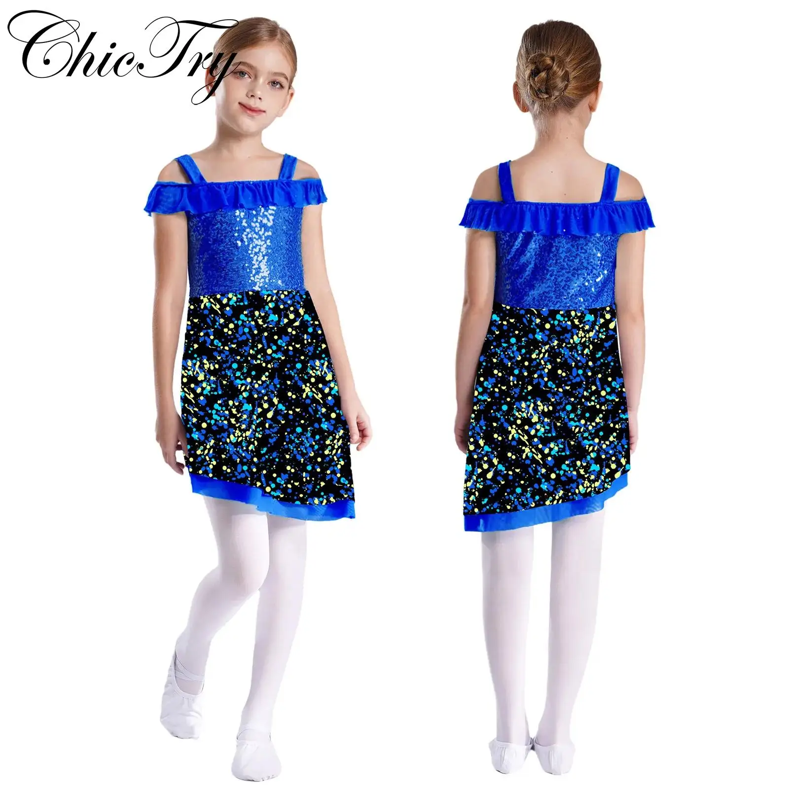 

Kids Girls Sequins Ballet Dance Leotard Dresses Cold Shoulder Asymmetrical Hem Printed Camisole Dress Stage Performance Costume