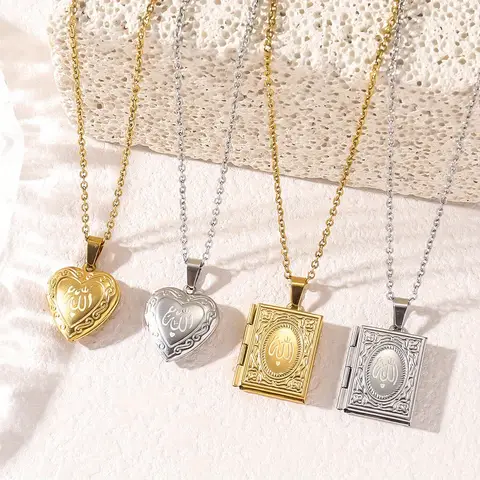 304 Stainless Steel Muslim Allah Clavicle Necklace, Heart-Shaped and Book-Shaped Islamic Photo Pendant, Ramadan Gift