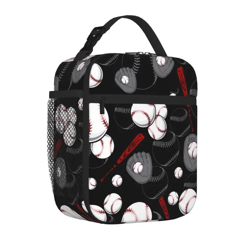 Red Stitching Baseball Sport Insulated Lunch Bag Reusable Thermal Lunch Box Portable Cooler Bento Tote Bags for Women Men Kids