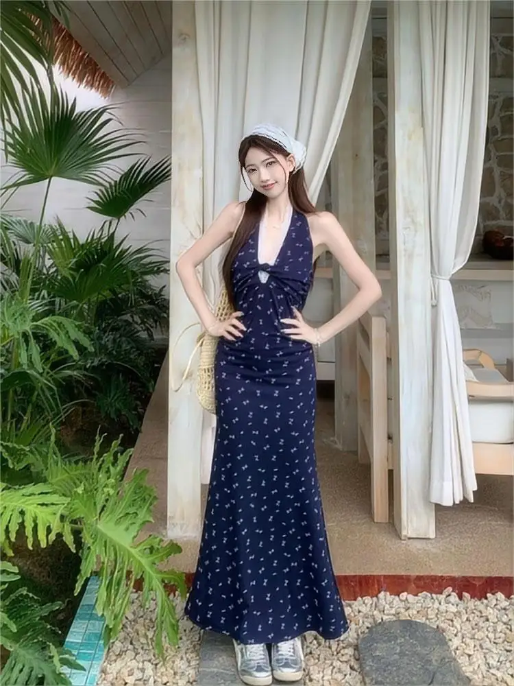 NUOMICI French Lace Splicing Floral 2025 Summer Dress Halter Neck Sleeveless  Waist Slimming Temperament Women Long Dress Beach