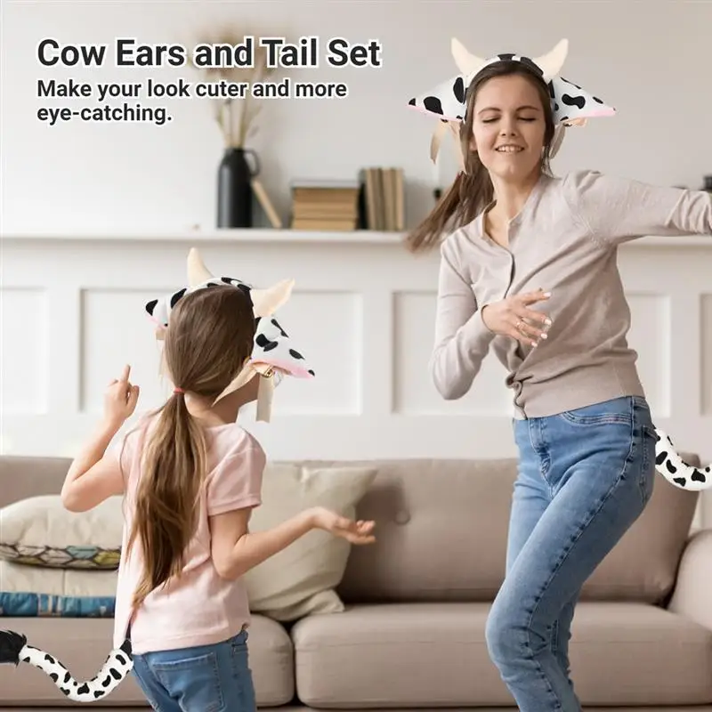 4Pcs Cow Costume Set Kids Cosplay Costumes With Cow Ears Headband Nose Bowtie Tail Party Cosplay Halloween Dress Up Accessory