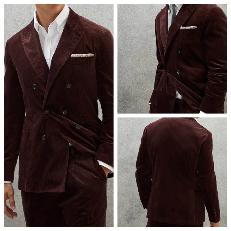 Outono inverno veludo masculino 2 peças terno homem profundo borgonha terno jaqueta terno calças terno grosso superior para banquete de casamento negócios