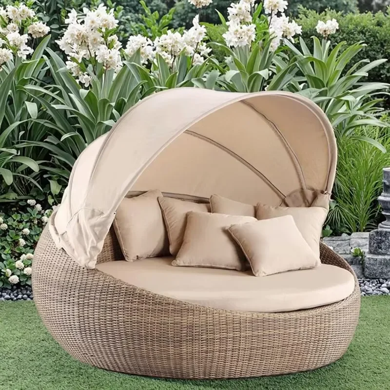 Outdoor Garden Rattan Daybed Sofa Couch with Full Daybed Canopy for Hotels Beach Sunbed Tanning Shade Sunbed for Outdoor Use