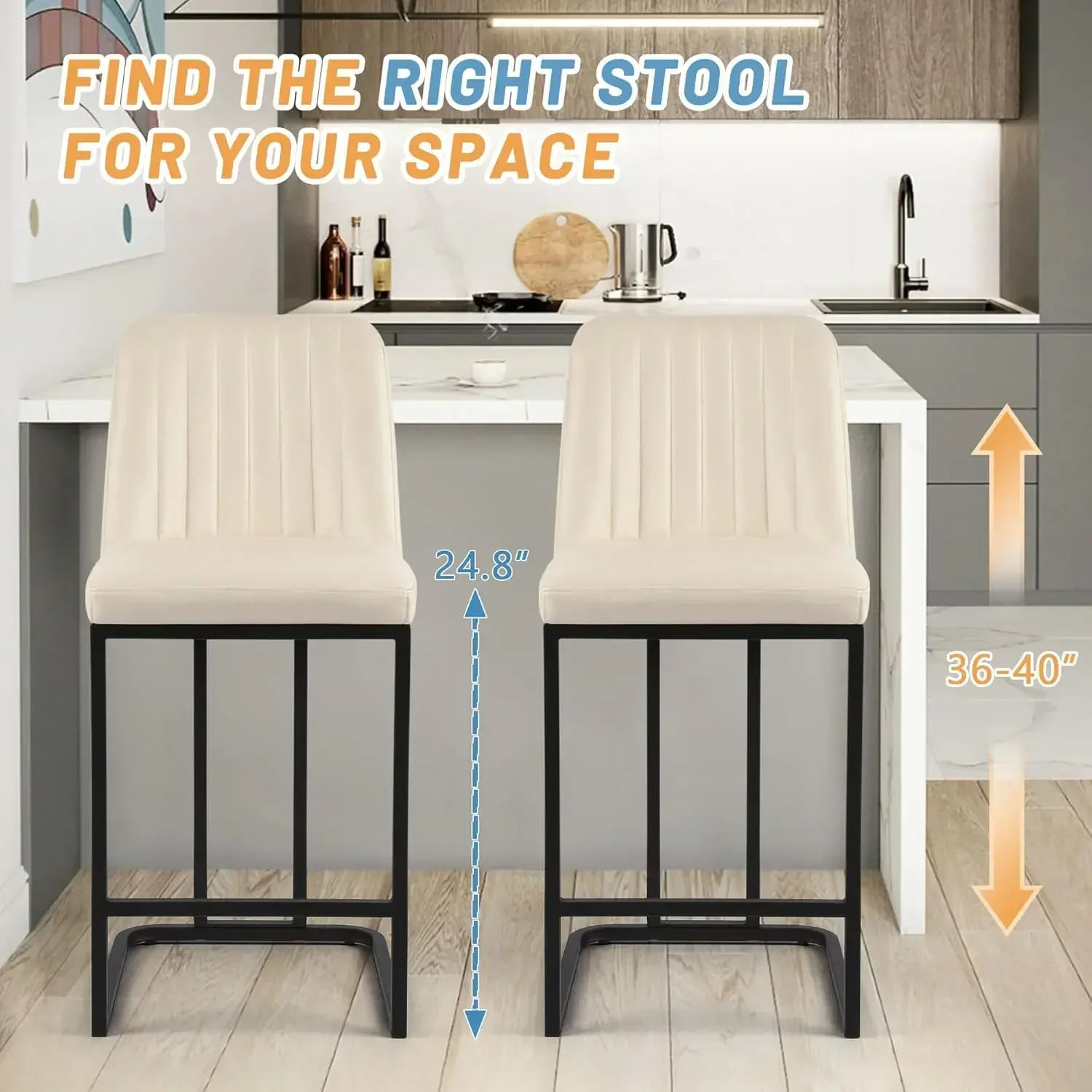 카운터 높이 바 의자 2개 세트, 24.8인치 덮개를 씌운 인조 가죽 바 의자 등받이가 있는 주방 아일랜드 바 의자
