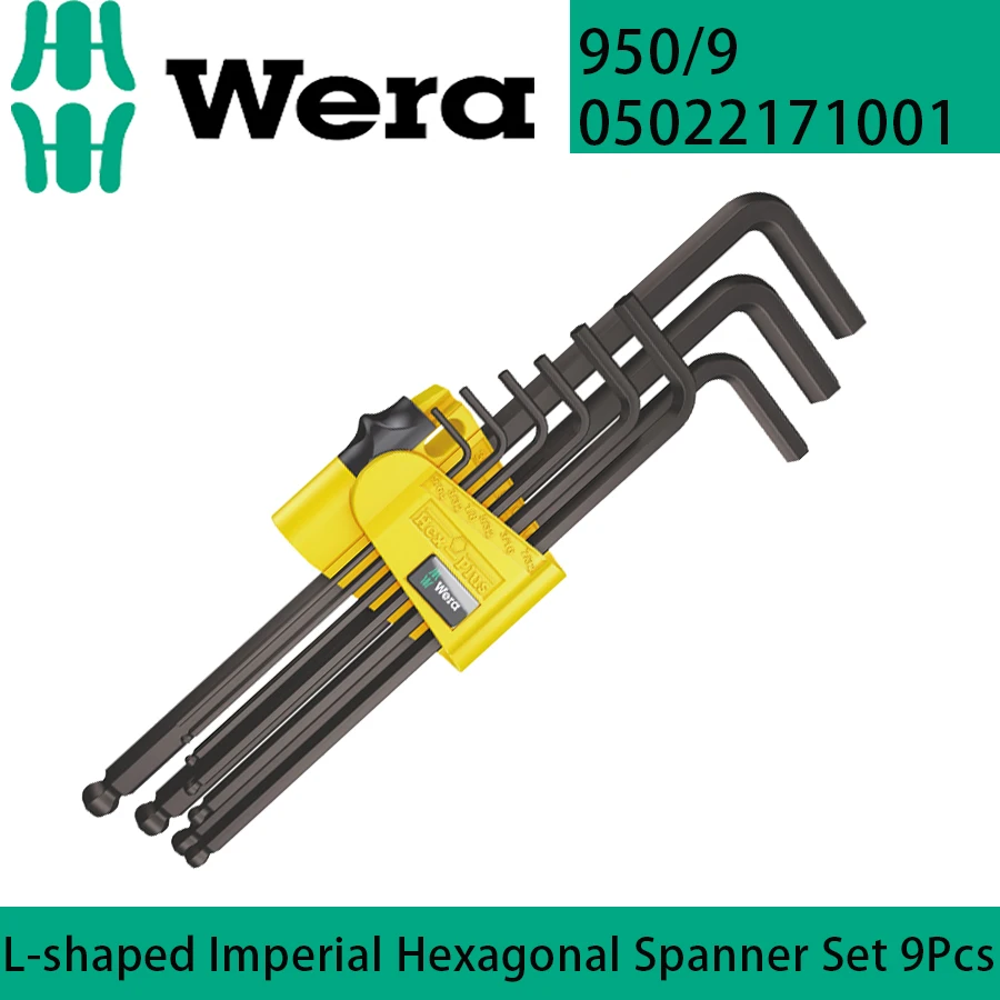 

WERA 05022171001 L-shaped Imperial Hexagonal Spanner Set 9Pcs Ball Head Anti-corrosion 950/9 Hex-Plus 1 BlackLaser L-key set