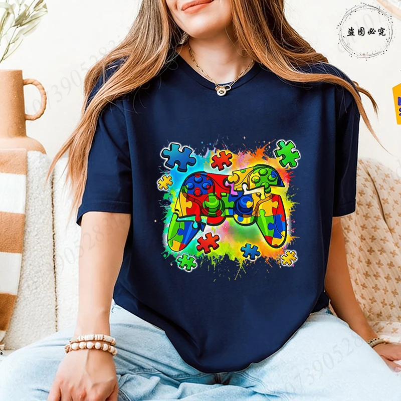 Autism Awareness Game Controller T-Shirt, Colorful Puzzle Piece Graphic Y2k Tops for Women, Neurodiversity Gamer Support Shirt