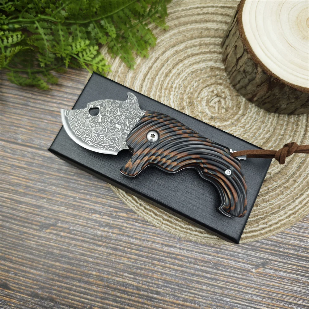 Cute Bulldog Style Mini Folding Pocket Knife Damascus Blade G10 Handles Portable Camping EDC Tools Creative Barbecue Knives