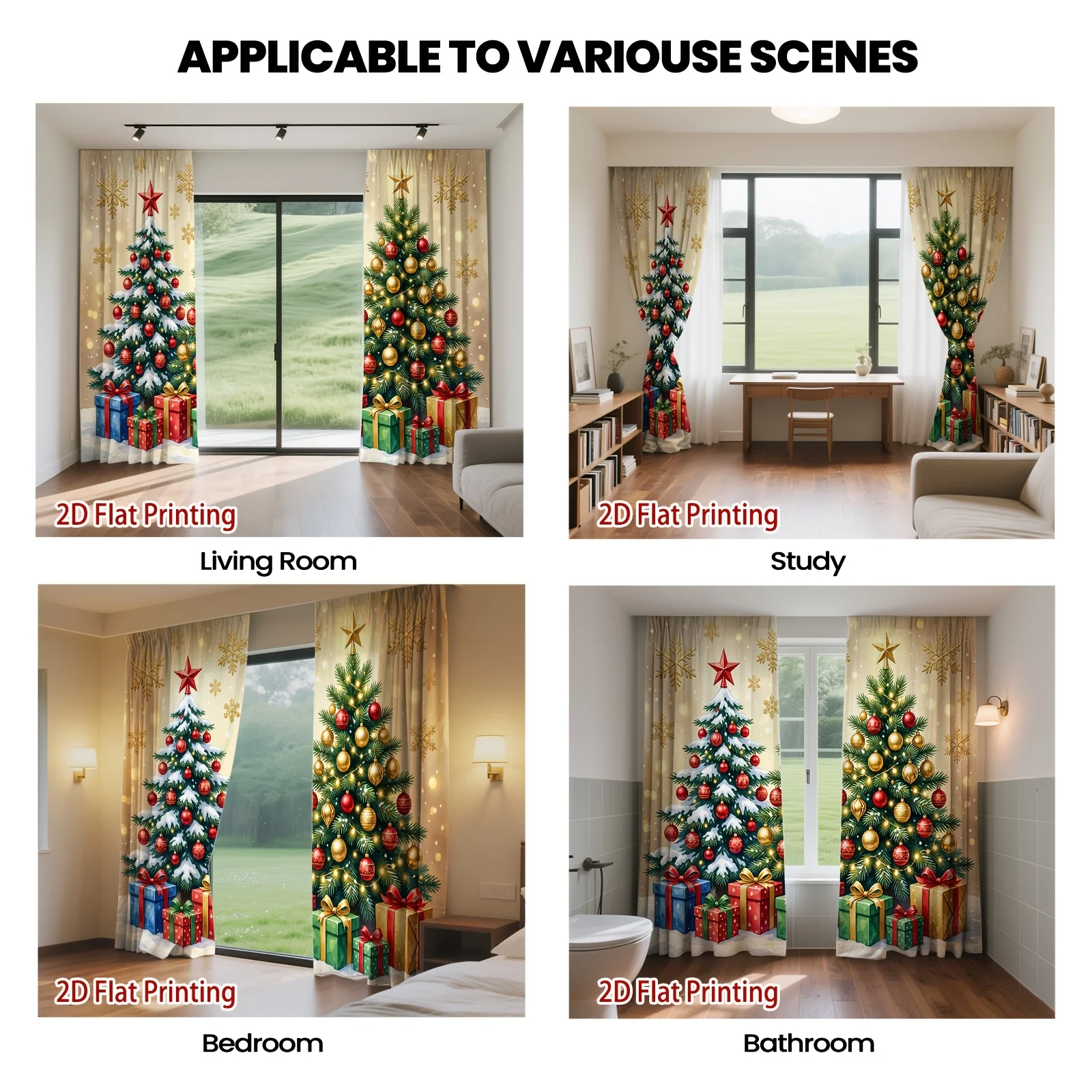 Dual Christmas Tree Gift Box Curtains 2 Panels,Golden Snowflake Warm Bokeh Light Snow Ground Classic Xmas Holiday Living Curtain