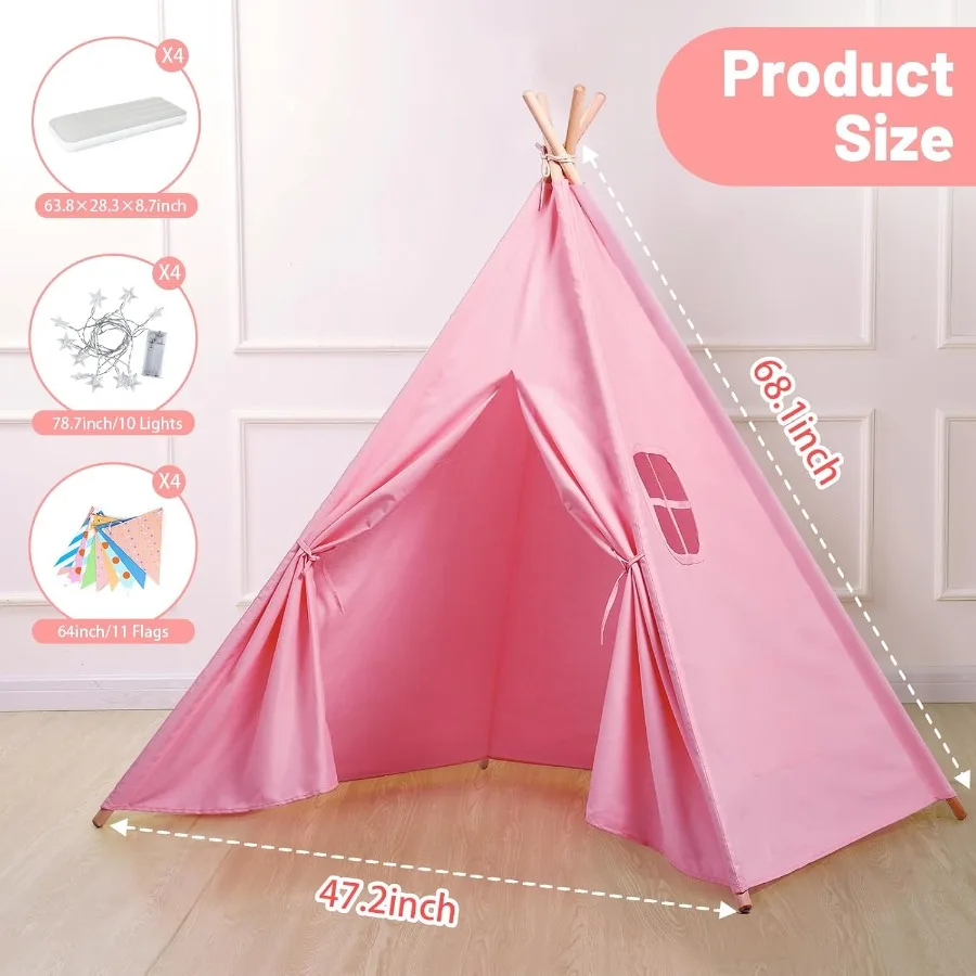 Paquete de 4 casitas de juegos para niños con luces, bandera y colchón de aire inflable, plegable para interiores/exteriores, tienda de campaña para fiesta de pijamas, funda para dormir