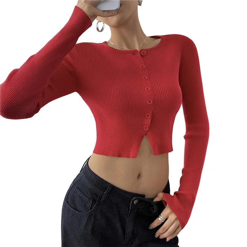 FX-женские топы с длинными рукавами, осенний кардиган, укороченная рубашка, милый модный воротник на пуговицах в рубчик