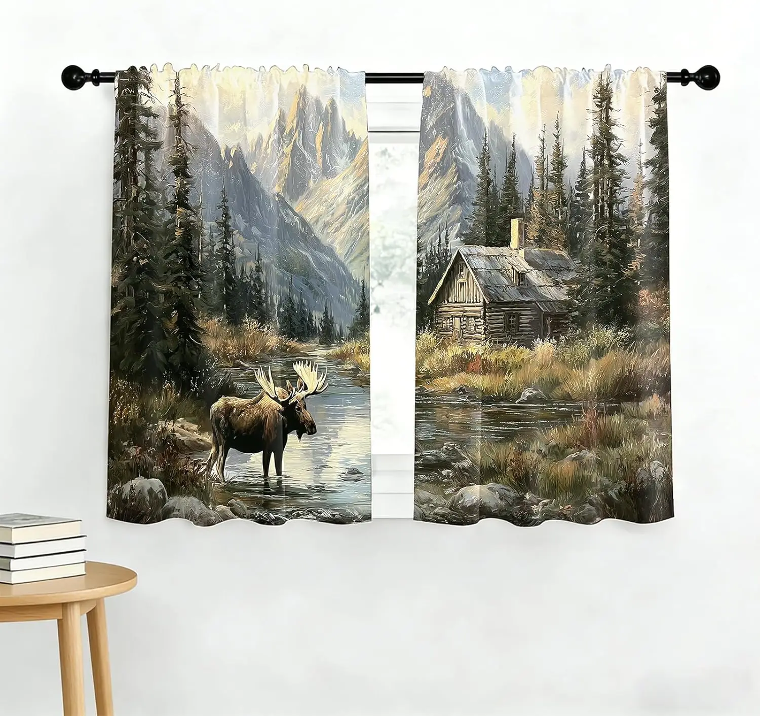 Rustic Mountain Forest Landscape Curtain Set for Home Decor Wilderness Cabin Deer Scenic View Drapes 2pcs Curtain