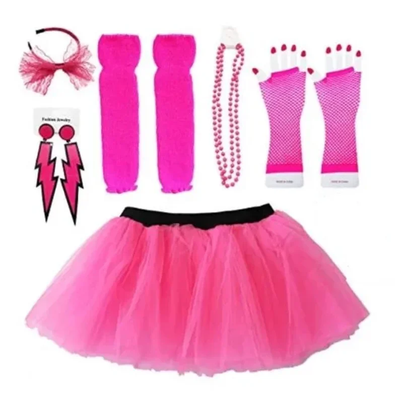 80s Costumes Accessories Set for Women Tutu Skirt Butterfly Hair Band Necklace Lightning Earrings Fishing Net Gloves Long Sleeve