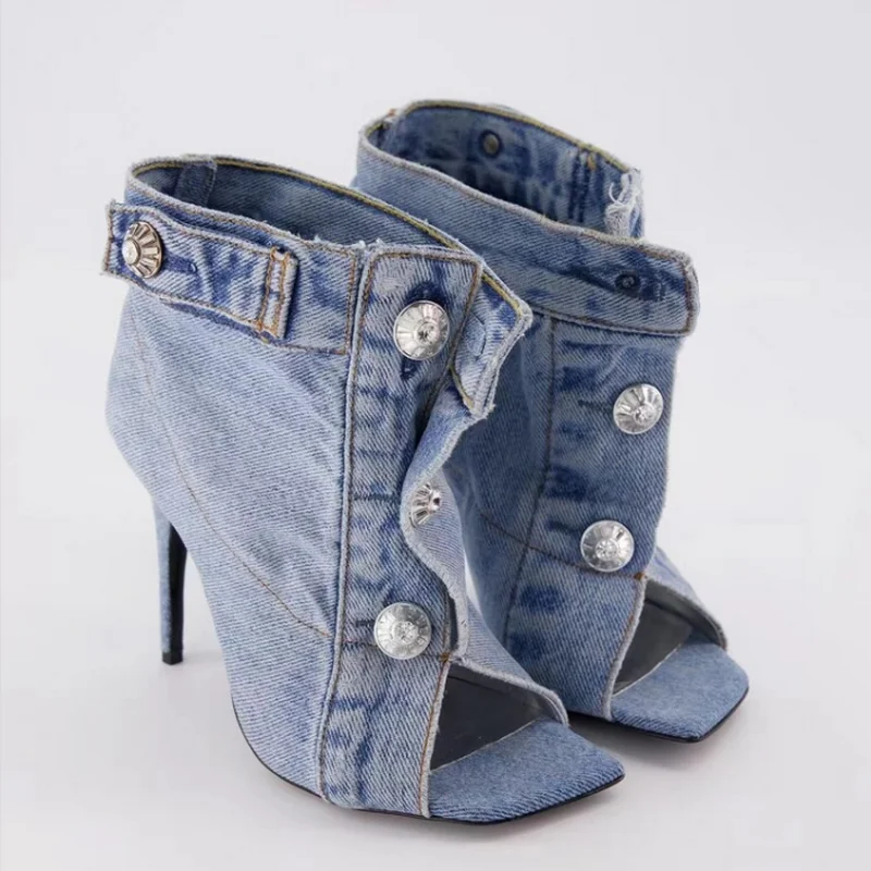 

FHC New Women Sandals Boots,Stage Show Summer Shoes,Ankle Botas,Square Peep Toe,Buttons,Europea Style,34-46,Blue,Dropship