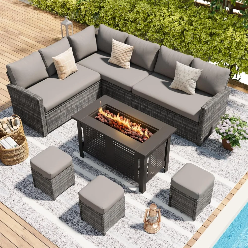 

U-MAX 7 Pieces Patio Furniture Set with 43 Inch Fire Pit Table, Outdoor Sectional Sofa Conversation Set, All Weather Wicker Ratt