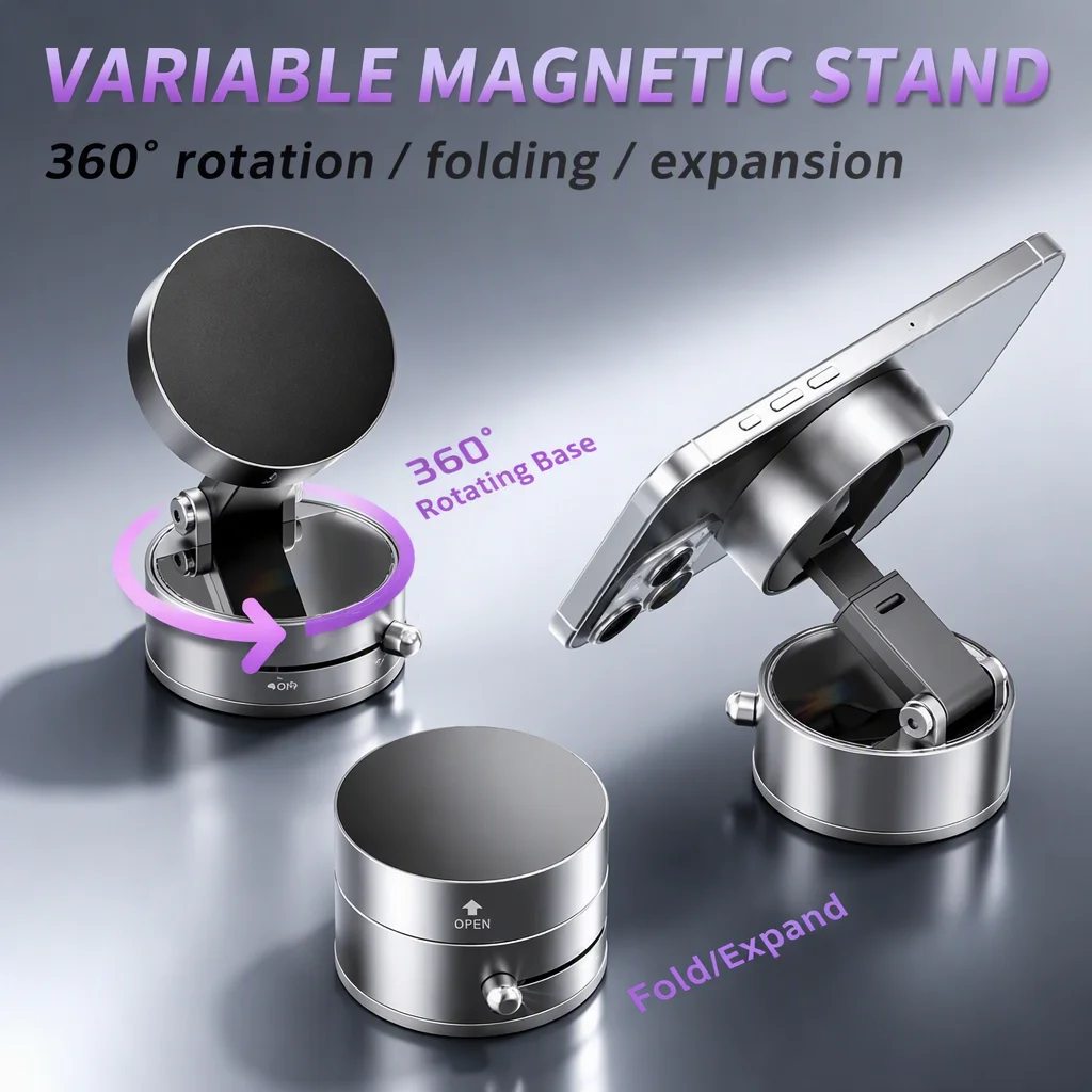 Vacuum Car Mount Double Side Magnetic Suction Cup Holder 360° Rotation Foldable Kitchen Lazy Phone Bracket For iPhone Android