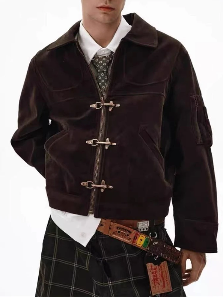 Vintage Distressed Suede Coat Men Deconstructed Airplane Buckle Jacket Unisex Spring Autumn Brown Paneled Streetwear Outerwear