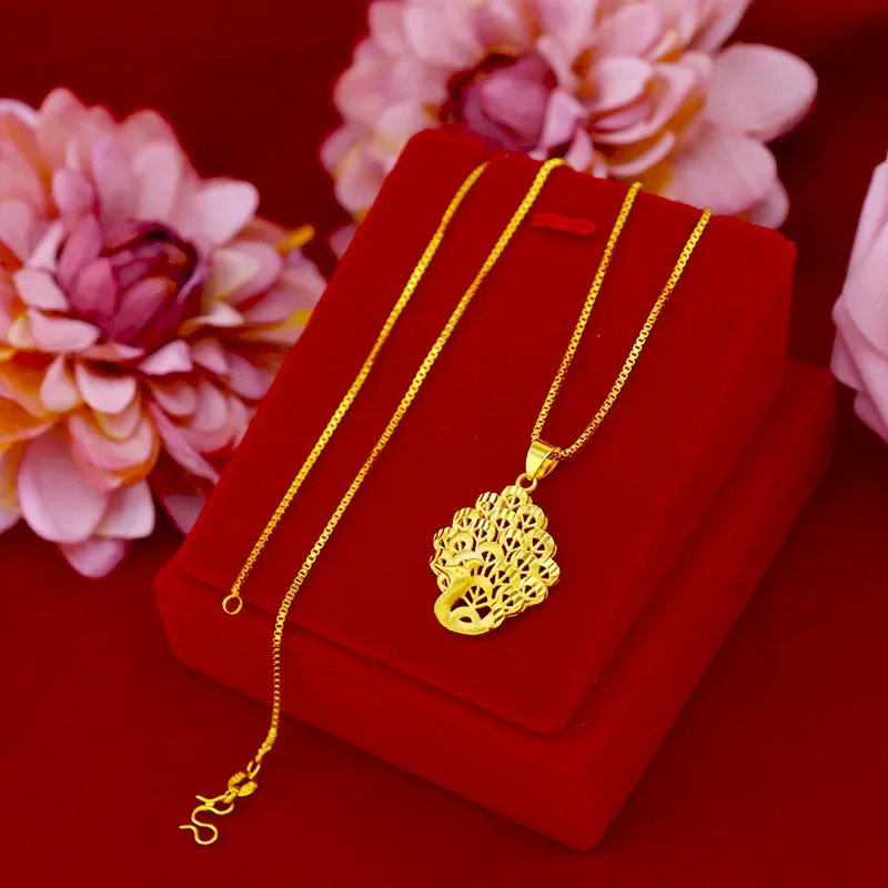 9999 Real Gold 24K Original Female Peacock Necklace, Wedding Clavicle Peacock Yellow Jewelry Phoenix Pendant Jewelry